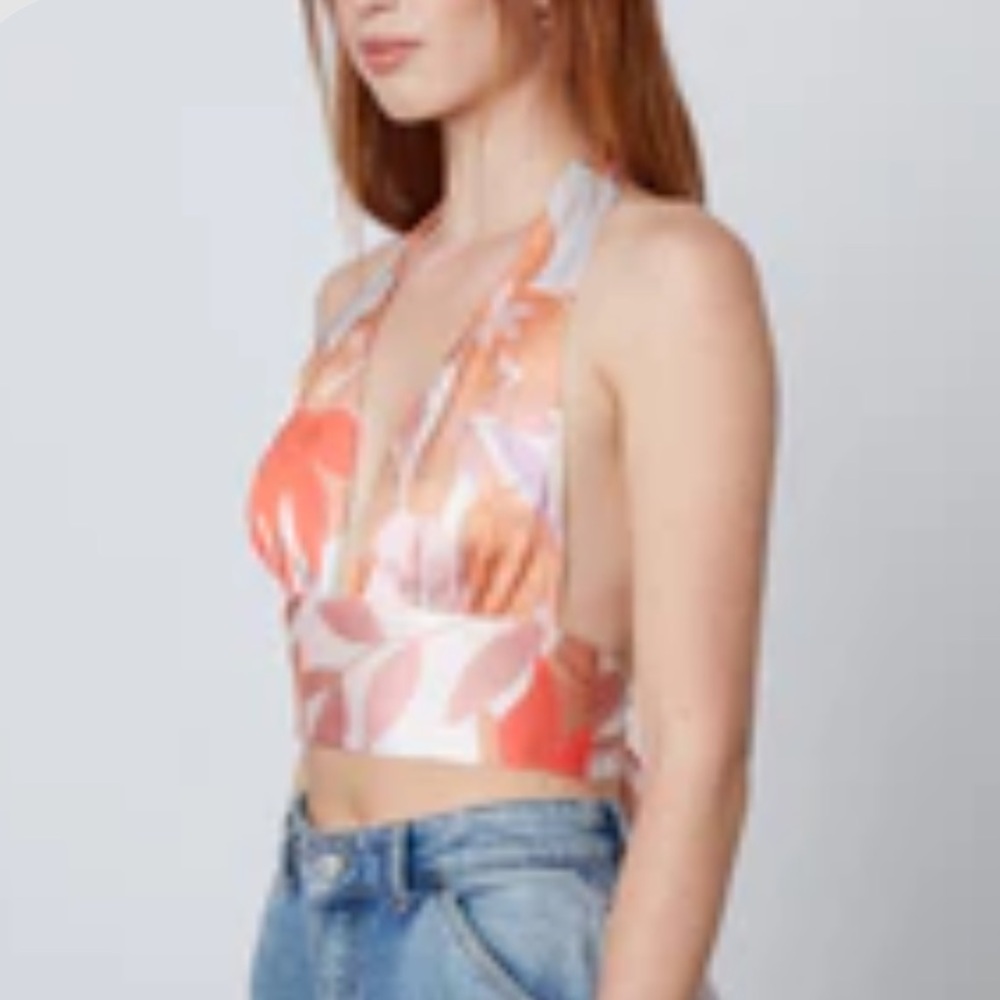 Lanai Tropical Floral 70s Style Satin Halter by Cotton Candy